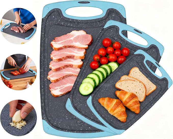 Plastic Cutting Boards for Kitchen non BPA, 3 Pieces, Dishwasher Safe, Aqua | Chopping boards Set with Juice Grooves, Easy Grip Handle, Non-Slip, Grinding Area for Grinding Garlic and Ginger