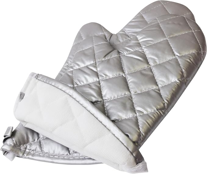 Silver 13" Quilted Oven Mitts Set of 2 Heat Resistant for Kitchen Grill | Quilted Lining, 1 Pair, Heat Resistant, Classic, Cotton Blend, Cooking, Baking, Grilling, Non-Slip Grip