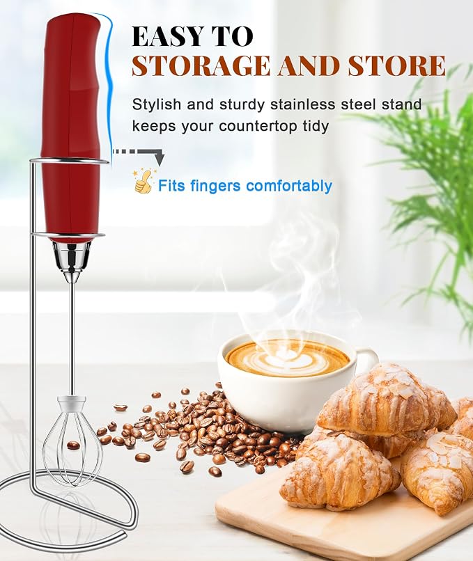 YUSWKO Handheld Milk Frother Wand for Coffee, Rechargeable Electric Whisk with 3 Heads 3 Speeds Drink Mixer Coffee Frother For Latte, Cappuccino, Hot Chocolate, Egg, Red with Holder