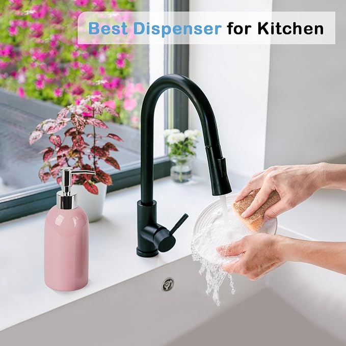 Natheeph Soap Dispenser for Bathroom/Kitchen Fill Hand Soap/Dish Soap, 14OZ | Soap Pump Dispenser Bottle, Ceramic Soap Dispenser Refillable Shampoo/Lotion/ Liquid/Detergent for Bathroom/Kitchen (Pink)