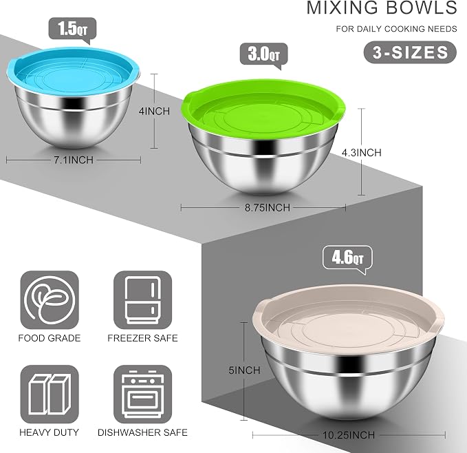 HaWare Mixing Bowls with Airtight Lids, 6-Piece Stainless Steel Salad Bowls | Strong Nesting Bowls for Cooking, Prepping, Baking, Serving & Food Storage, Stackable Design, Size 4.6, 3, 1.5QT, Colorful