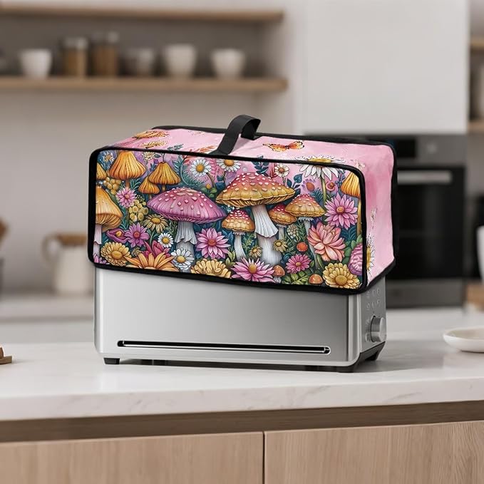 Mushroom Print Toaster Cover with Top Handle, Foldable Toaster Cover 2 Slice Washable Long Slot Slim Dust Covers for Most Toasters, Small Appliance Covers for Kitchen Decor