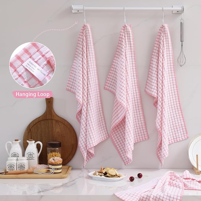 Mordimy Premium Cotton Kitchen Towels 16"x 25", Pink Check Design, 8 Pack | Super Absorbent Terry Kitchen Hand Towels, Large Natural Ring Spun 360 GSM Dish Towels, Soft Tea Towels with Hanging Loop
