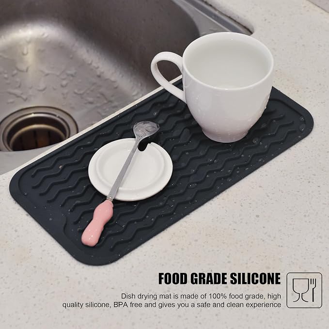Silicone Dish Drying Mat, Non-Slip Easy Clean Sink Mat, Dark Blue, 12"x6" | Quick-Dry Ridges, Large Heat-resistant Dish Drainer Mat for Kitchen Counter, Hangable & Roll-Up for Storage, Dishwasher Safe