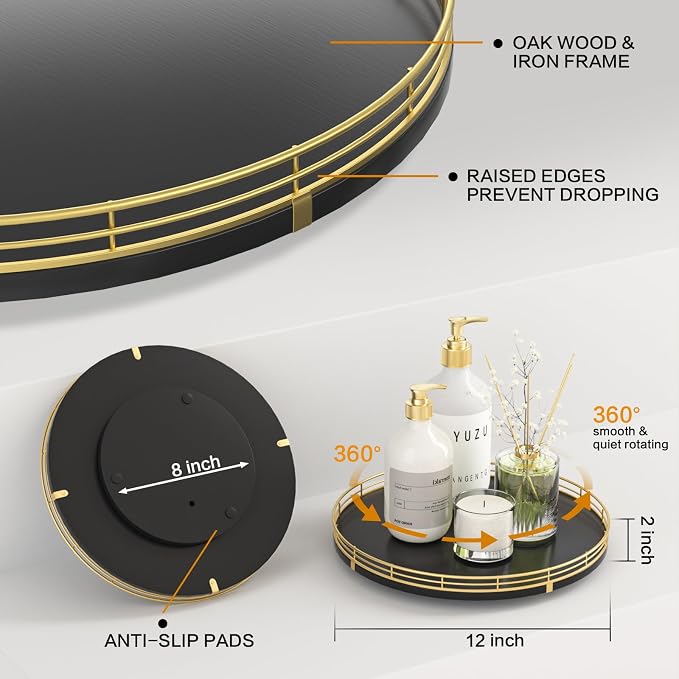 Oroyutor 12-Inch Oak Lazy Susan Spice Organizer with Gold Metal Rail | Rotating oak tray organizes spices, toiletries and decor on kitchen counters, bathroom vanities, dining and coffee tables.