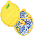 AnyDesign 2Pcs Yellow Lemon Pot Holders Heat Resistant Cotton Hot Pad Non-Slip Potholder Oven Mitt Blue Porcelain Floral Trivet Mat for Kitchen Cooking Baking, 7" x 9"