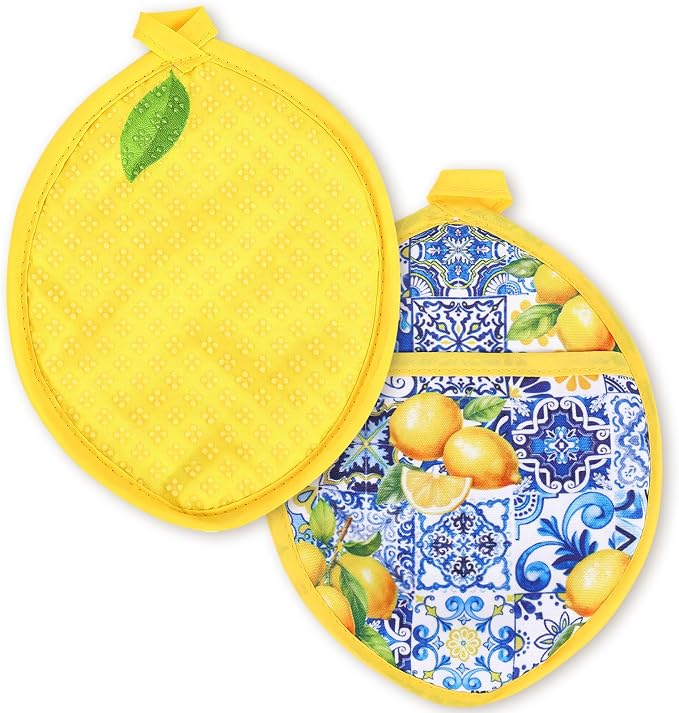 AnyDesign 2Pcs Yellow Lemon Pot Holders Heat Resistant Cotton Hot Pad Non-Slip Potholder Oven Mitt Blue Porcelain Floral Trivet Mat for Kitchen Cooking Baking, 7" x 9"