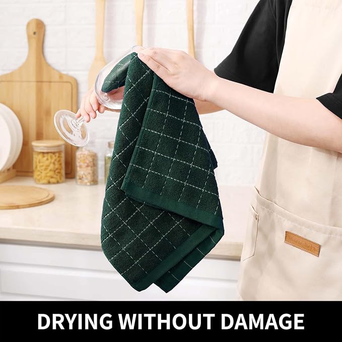Homaxy Kitchen Towels and Dishcloths Set, Set of 10, Blackish Green | Bulk Cotton Terry Kitchen Towels, Checkered Designed, Soft and Super Absorbent Dish Towels, 12 x 12 and 13 x 28 Inches