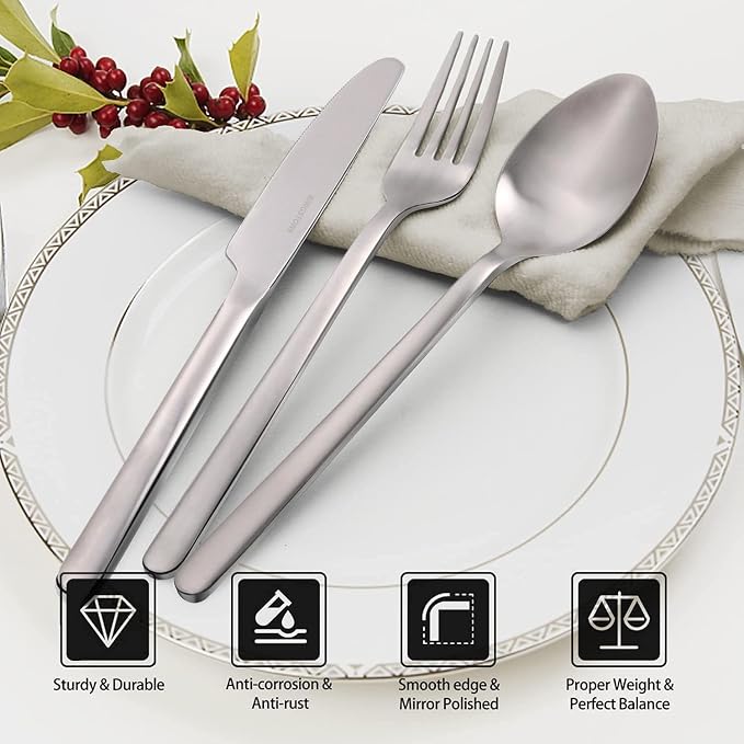 30 Pieces Silverware Set, Flatware Cutlery Set for 6, 18/10 Stainless Steel Silverware Utensils Minimalist Design Dishwasher Safe, Matte Silver