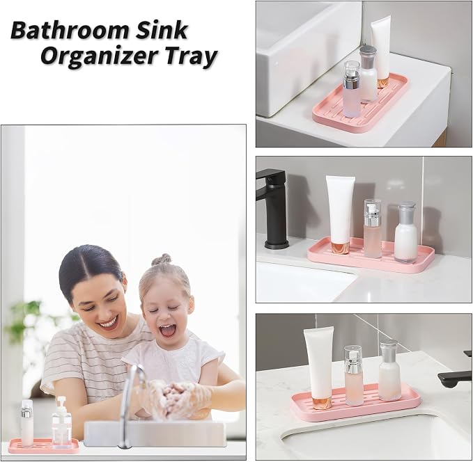 MicoYang Silicone Kitchen Sink Organizer Tray for Multiple Usage,Easy Clean,Eco-Friendly Sponges Holder for Kitchen Bathroom Counter or Sink,Dish Soap Dispenser,Scrubber,Bottle,Cup Pink 10”x 5.3”
