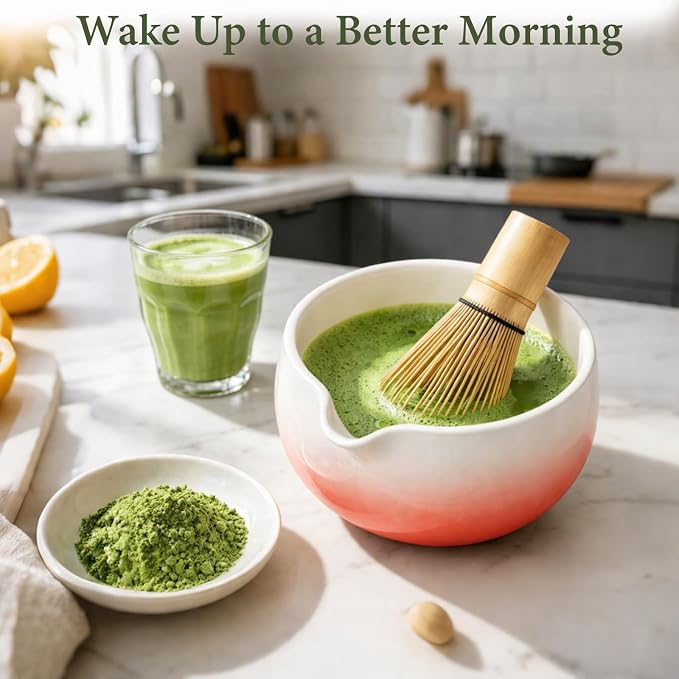 Matcha Whisk Set, Ceramic Matcha Set Includes Bowl & Holder, Bamboo Whisk (Chasen), Scoop, Spoon and Sifter, 6Pcs Matcha Kit Covers Everything Needed for Making Matcha (Red)