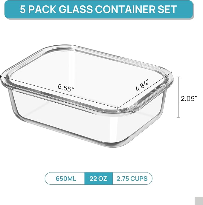 Vtopmart 5Pack 22oz Glass Storage Containers with Lids, Green | Glass Meal Prep Food Container Sets, Snap Airtight Lid, For Microwave, Oven, Freezer and Dishwasher, BPA Free