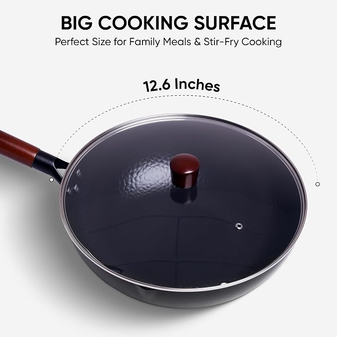 12.6 Inch Carbon Steel Wok Pan with Glass Cover, Pre-Seasoned Nonstick Flat Bottom Wok for Chinese Cooking, Woks & Stir-Fry Pans Cookware, Compatible with Induction, Electric, Gas & Halogen