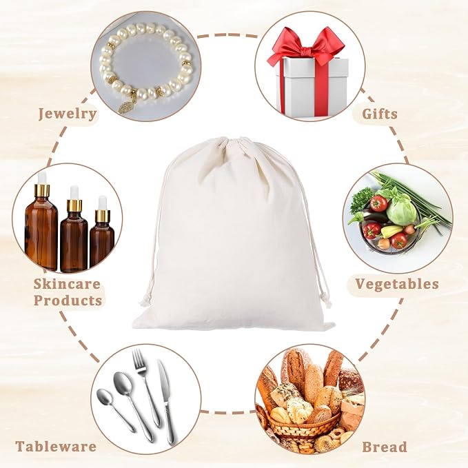 10 Pcs Reusable Produce Bags, 12"x10" Natural Linen Bread Bag Muslin Bags with Drawstring, X-Large Washable Fabric Multipurpose Canvas Cloth Gift Bag for Kitchen Food Storage, Shoe Grocery Organizer
