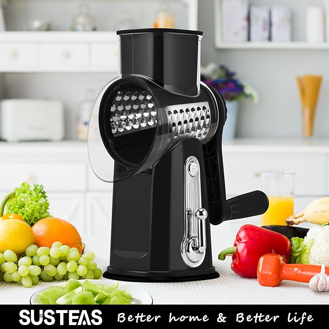 SUSTEAS Rotary Cheese Grater 5 Blades,Kitchen Mandoline Vegetable Slicer | Black, Easy to Clean, Strong Suction Base, 5 Blades Storage Box, Round Mandoline Slicer & Food Chopper for Salad