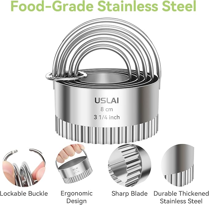 USLAI Biscuit Cutter Set (1.75, 2, 2.5, 2.75, 3.25 Inch) | Food-Grade Stainless Steel, Fluted Cookie Cutter with Handle, Professional Kitchen Baking Dough Tools