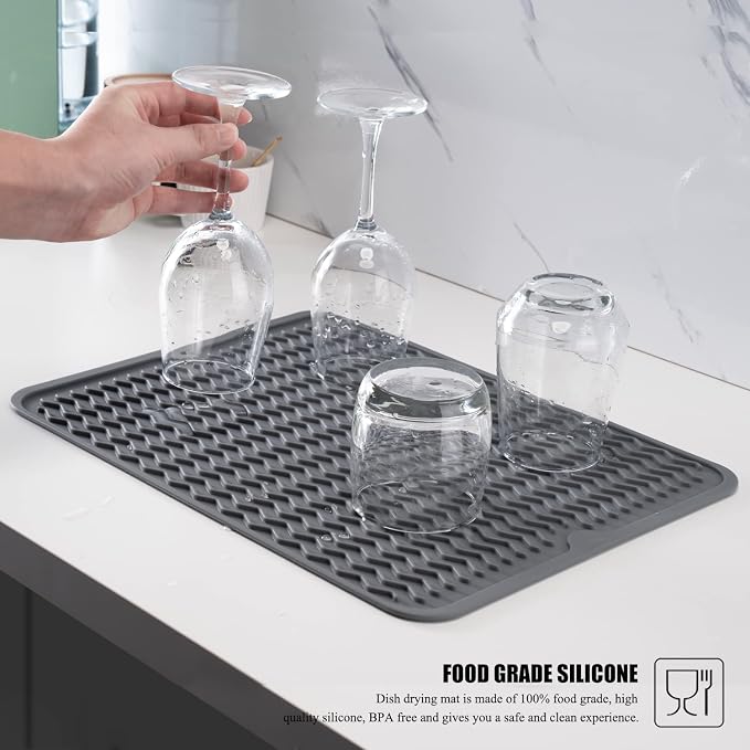 Silicone Dish Drying Mat, Non-Slip Easy Clean Sink Mat, White, 17" x 14" | Quick-Dry Ridges, Large Heat-resistant Dish Drainer Mat for Kitchen Counter, Hangable & Roll-Up for Storage, Dishwasher Safe