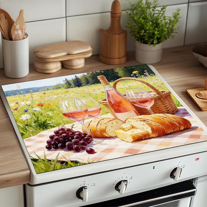 HOMETITUTE Spring Stove Top Covers for Electric Stove 28x20 Inches Picnic Wine Scene Heat Resistant Glass Cooktop Protector Pad Decorative Stovetop Cover for Kitchen Coffee Bar Decor