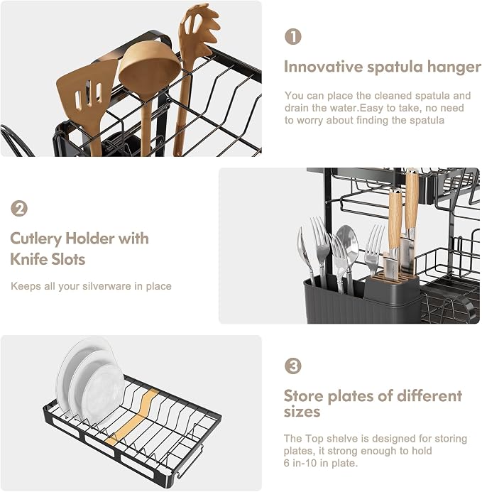 2 Tier Black Dish Drying Racks for Kitchen Counter with Drainboard | Large Stainless Steel Dish Drainer with Utensil Holder, Space Saving, Big Modern Countertop Metal Plate Dryer Strainer Rack