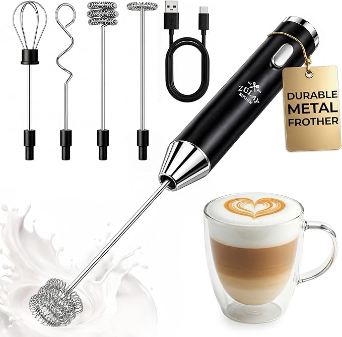 Zulay Kitchen Rechargeable Milk Frother Handheld - Frother Wand, Drink Mixer, Electric Whisk Frother, for Cappuccinos, Matcha & Protein Powder - Ultra Metal 4 Whisk, 1800mAh Black