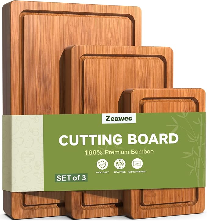 3-Piece Set Deep-Carbonized Bamboo Cutting Board for Kitchen, Carbonized | Crack-Resistant Wood Chopping Boards with Deep Juice Grooves, Pre-Oiled Butcher Block for Meat, Vegetables & Cheese