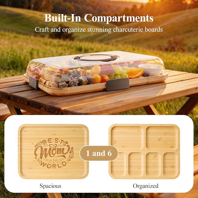 Portable Bamboo Charcuterie Board with Lid, Engraved Mom Print | Includes Knife Set, Plates, Forks & Handle, Travel Serving Tray Platter for Cheese, Meat, Fruit, Housewarming Gift for Mom