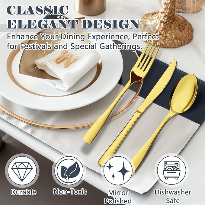 BEWOS 49-Piece Gold Silverware Set with Organizer - Stainless Steel Silverware Set for 8 with Drawer Organizer, Mirror Polished Flatware Set for Home and Restaurant, Dishwasher Safe