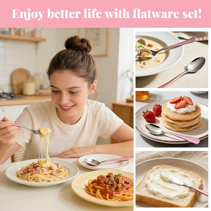 30 Pieces Silverware Set with Organizer, Stainless Steel Cutlery Set Flatware Set for 6 Person, Tableware Set Includes Dinner Knives Forks Spoons Teaspoons Butter Knives (PinK Silver-30PCS)