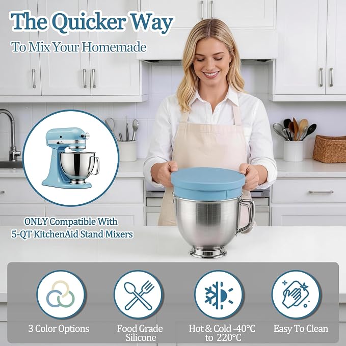 Foldable Silicone Bowl Liners for KitchenAid Tilt-Head 5 Qt Stand Mixers | 3-Pack Thicker 2mm Bowl Inserts with Lids, Cold/Heat-Resistant, Kitchen Aid Mixer Accessories and Attachments for Baking