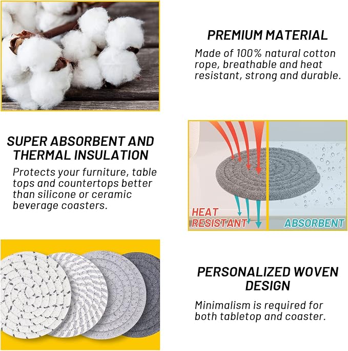 8 Pcs Drink Coasters with Holder, 4 Colors Absorbent Coasters, Minimalist Cotton Woven Coaster Set for Living Room Decor, Tabletop Protection Suitable for Kinds of Cups, 4.3 Inches