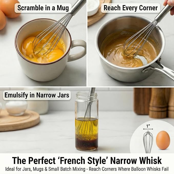 11-Inch Slim French Whisk, Small Whisk, 18/8 Stainless Steel, Long Handle | Thin Mini Wire Whisk Fits Mason Jars and Tumblers; for Eggs, Sauces, Dressings, Coffee and Protein Drinks; Dishwasher Safe