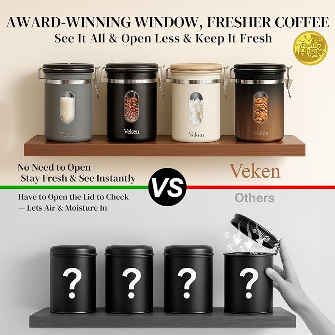 Veken Coffee Canister with Window, Airtight Stainless Steel Container,Date Tracker, Kitchen Food Storage Jars for Beans, Ground, Espresso, Rice,Tea,Sugar, Cereal, Gifts, Scoop,Copper, 22OZ (Pack of 2)