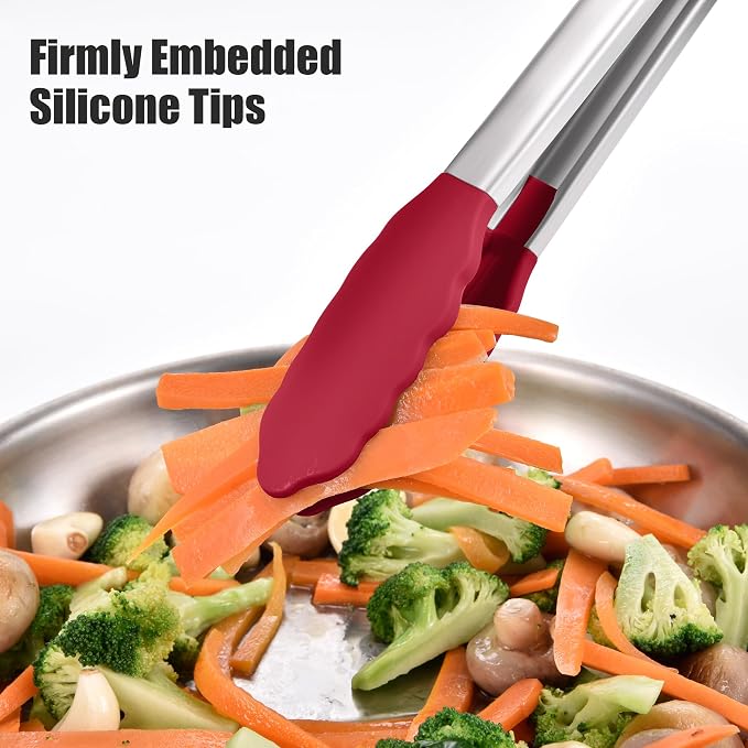 Doosu Kitchen Tongs with Silicone Tips for Cooking Serving (16in, Red) | 600°F Heat Resistant Food Tong, Heavy Duty Stainless Steel Locking Tong for BBQ, Grilling Steak, Salad, Toast, Pasta