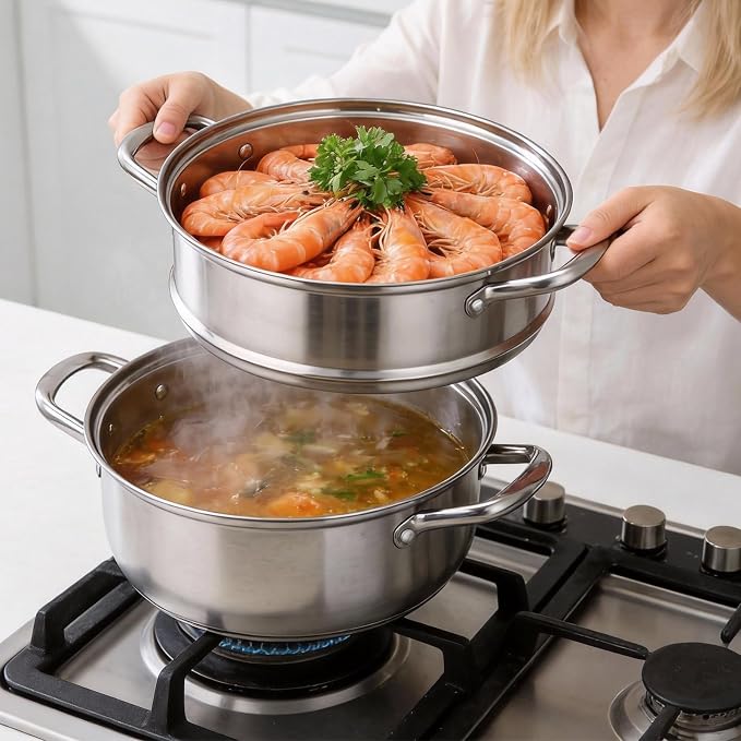 Chefbee 3.2QT Stainless Steel Steamer for Cooking with Food Steamer Basket | Healthy Steaming Pot, Multi-use Kitchen Cookware, For Vegetables Dumplings Soup and Food Preparation, Daily Kitchen Cooking