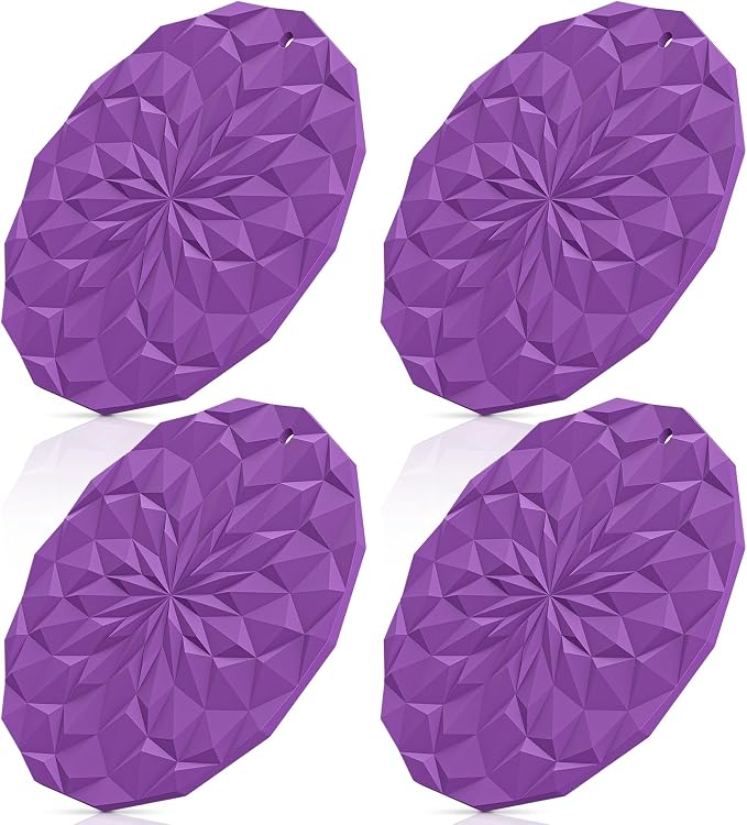 ME.FAN Silicone Trivet Mats - 4 Pack Pot Holders - 7.4'' Thickened Hot Pads for Hot pots, Pans and Dishes, Heat Resistant Silicone Trivet for Table and Counter Top Deep Purple
