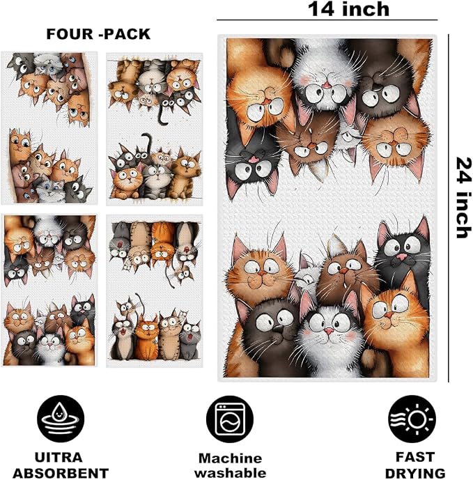 Jztco 4 Pcs Cute Cat Kitchen Towels, Cats Soft Absorbent Hand Tea Towel