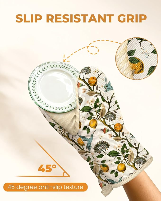 100% Thick Cotton Mini Oven Mitts Silicone Grip Lemon & Birds | Elegant Classic Oven Mitts for Women, Machine Washable, Non-Slip, Reversible Design Fits Both Hands, Stylish Kitchen Decor