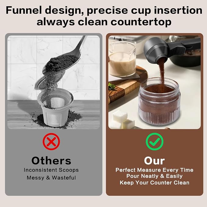 2-in-1 Coffee Scoop with Funnel, 2 Tbsp Measuring Spoon for Reusable K Cups, Ground Coffee, Protein Powder & Tea, Mess-Free Plastic Design（Black-2pack）