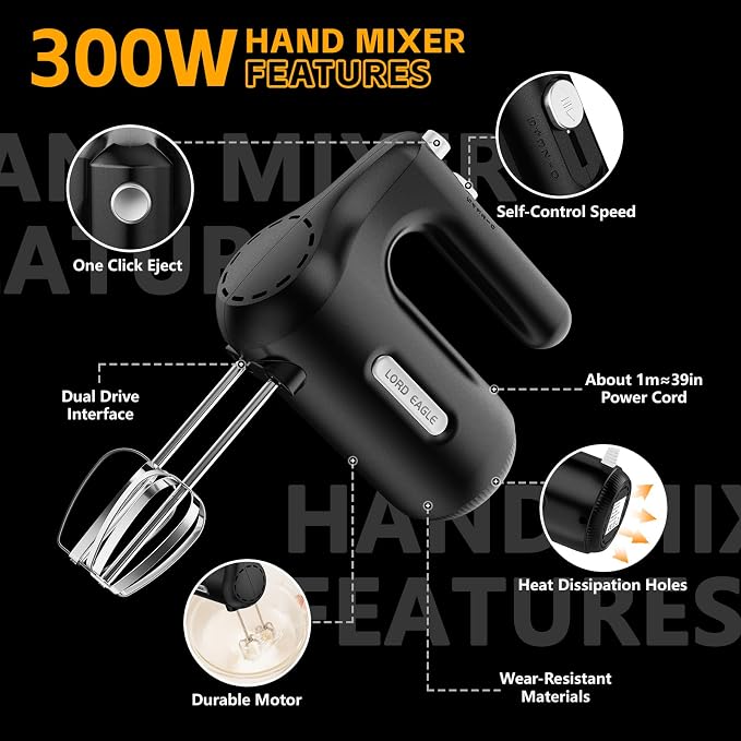 Lord Eagle 5-Speed Small Hand Mixer Electric, 300W Compact Portable, Black | Handheld Kitchen Mixer Egg Beater with 5 Attachments & Storage Bag, Cake Supplies for Bread Dough Baking, Lightweight