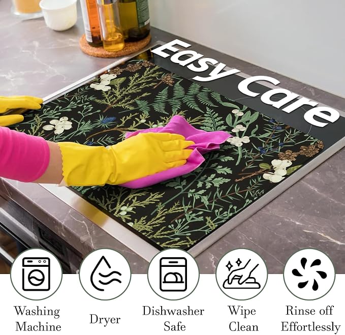Boho Stove Top Cover for Electric Stoves,Botanical Fern Plant Floral Black Farmhouse Stove Top Cover for Kitchen Decor,Heat Resistant Cooktop Protector Mat,Non-Slip Washable Dish Drying Mat 28"x20"
