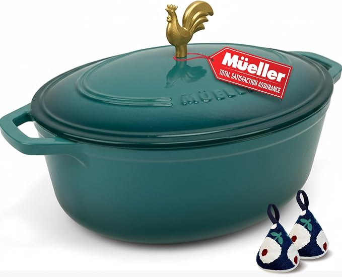 MUELLER HOME 5.5 Quart Enameled Cast Iron Oval Dutch Oven with Rooster Knob and Cotton Potholders, Heavy-Duty Cookware, Oven-Safe up to 500° F & Across All Cooktops, Thanksgiving Essentials, Emerald | Rooster Knob, Cotton Potholders Included, Heavy-Dut...