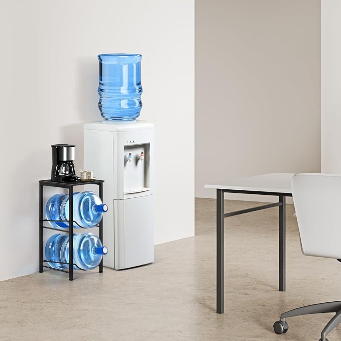 Water Jug Holder 5 Gallon Water Bottle Holder With Top Shelve 2 Tier Water Cooler Storage Rack Heavy Duty Water Dispenser Stand for Kitchen Living Room Office Black