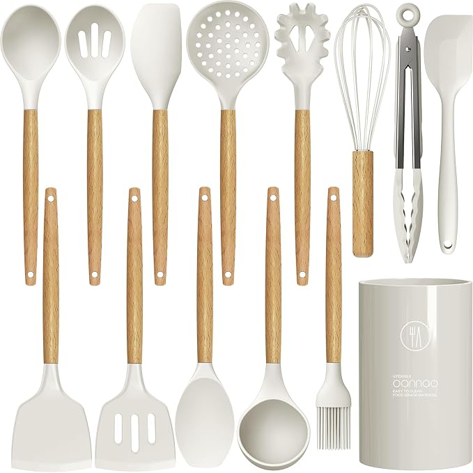 oannao Silicone Cooking Utensils Set - 446°F Heat Resistant Silicone Kitchen Utensils for Cooking,Kitchen Utensil Spatula Set w Wooden Handles and Holder for Non-Stick Cookware (Cream White)