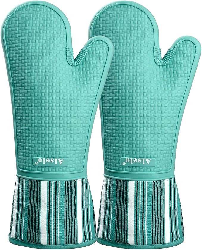 Alselo Silicone Oven Mitts Set, Heat Resistant 550 Degree,7.5"x16" | Extra Long Kitchen Mittens,Waterproof & Non-Silp Oven gloves for Baking Cooking Barbecue Microwave (Extra Long Blue, 2)