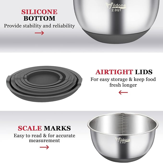 Wildone Mixing Bowls with Airtight Lids, Stainless Steel Mixing Bowls Set | Metal Bowls with 3 Grater Attachments & Non-Slip Bottoms, Size 5, 4, 3, 2,1.5, 0.63QT, Includes Utensil Set for Prep, Gray