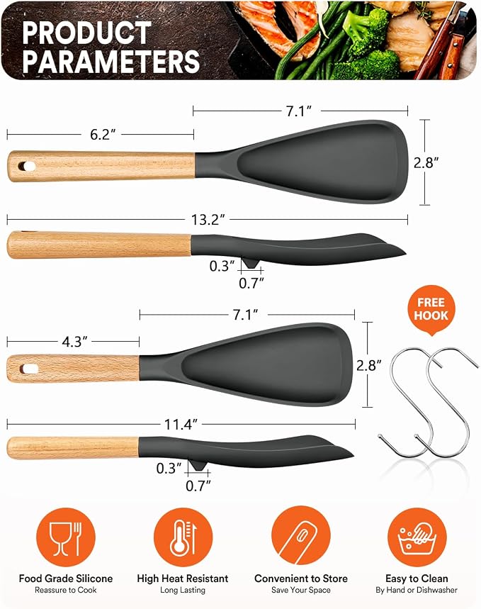 Multifunction Spoon for Nonstick Cookwares, Great for Cooking and Serving, Sturdy BPA-Free Matte Silicone, Wood Handle Spoonula for Mixing, Scoop, and Scrape, Grey(2 pack,11.4" & 13.4")