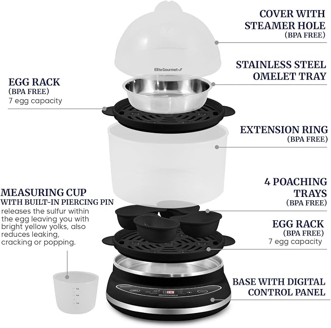 Elite Gourmet EGC314CB Digital Egg Cooker & Food Steamer, 14-Egg, Black | 6 programmed presets for poaching, omelets, and soft, medium, or hard-boiled eggs - 2-tier design with measuring cup