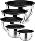 P&P CHEF Metal Mixing Bowls with Lids Set, Airtight Lids & Black | 5 PCS Stainless Steel Mixing Nesting Bowls for Kitchen Prepping, Storing, Healthy & Easy Clean, Size 4.6, 3, 1.5, 1, 0.7 QT