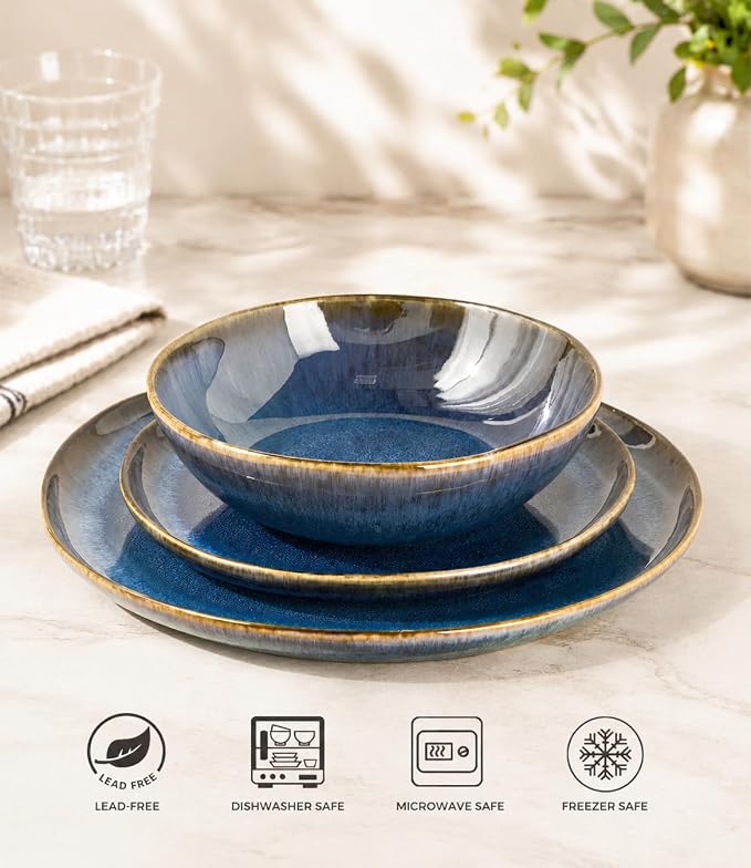 AmorArc Ceramic Dinnerware Sets for 4, 12Pcs Plates and Bowls Sets Dishes | Stoneware Handmade Reactive Glaze Dinner Set, Highly Scratch Resistant | Dishwasher & Microwave Safe Dishware
