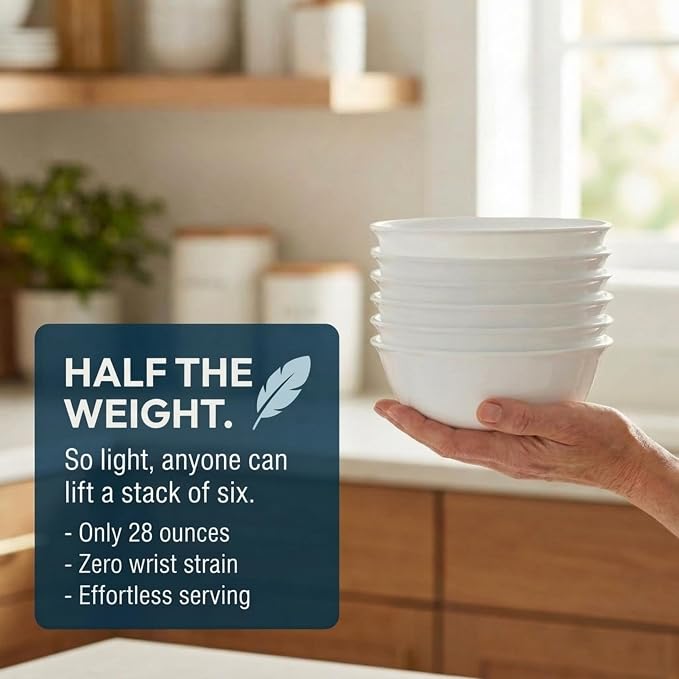 Corelle Vitrelle 28-oz Soup/Cereal Bowls Set of 6 Chip & Crack Resistant Dinnerware Bowls for Soup, Ramen, Cereal and More, Triple Layer Glass, Winter Frost White